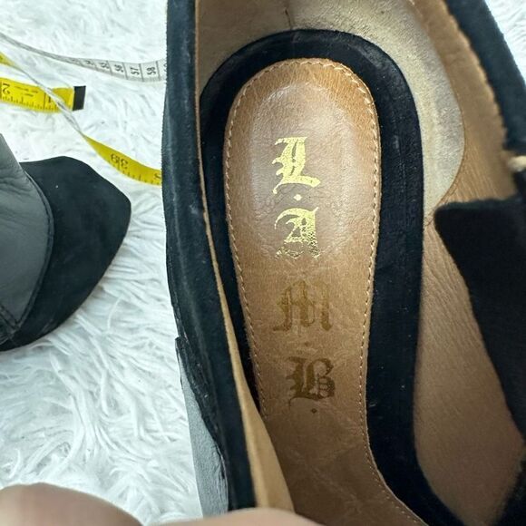 L.A.M.B. Black Peep Toe Leather & Suede Chunky Buckle Ultra High Heel sz 7 M - Picture 9 of 10